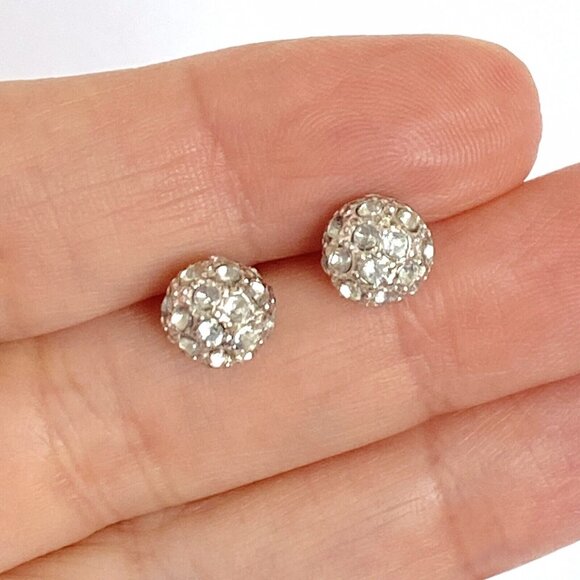 Crystal Rhinestones Disco Ball 8mm Pave Silver Tone Stud Pierced Earrings - Picture 1 of 7